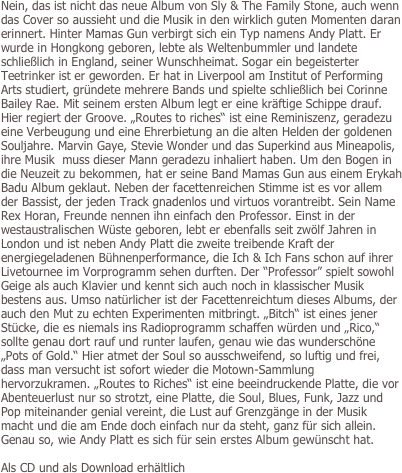 Nein, das ist nicht das neue Album von Sly & The Family Stone, auch wenn das Cover so aussieht und die Musik in den wirklich guten Momenten daran erinnert. Hinter Mamas Gun verbirgt sich ein Typ namens Andy Platt. Er wurde in Hongkong geboren, lebte als Weltenbummler und landete schließlich in England, seiner Wunschheimat. Sogar ein begeisterter Teetrinker ist er geworden. Er hat in Liverpool am Institut of Performing Arts studiert, gründete mehrere Bands und spielte schließlich bei Corinne Bailey Rae. Mit seinem ersten Album legt er eine kräftige Schippe drauf. Hier regiert der Groove. „Routes to riches“ ist eine Reminiszenz, geradezu eine Verbeugung und eine Ehrerbietung an die alten Helden der goldenen Souljahre. Marvin Gaye, Stevie Wonder und das Superkind aus Mineapolis, ihre Musik  muss dieser Mann geradezu inhaliert haben. Um den Bogen in die Neuzeit zu bekommen, hat er seine Band Mamas Gun aus einem Erykah Badu Album geklaut. Neben der facettenreichen Stimme ist es vor allem der Bassist, der jeden Track gnadenlos und virtuos vorantreibt. Sein Name Rex Horan, Freunde nennen ihn einfach den Professor. Einst in der westaustralischen Wüste geboren, lebt er ebenfalls seit zwölf Jahren in London und ist neben Andy Platt die zweite treibende Kraft der energiegeladenen Bühnenperformance, die Ich & Ich Fans schon auf ihrer Livetournee im Vorprogramm sehen durften. Der “Professor” spielt sowohl Geige als auch Klavier und kennt sich auch noch in klassischer Musik bestens aus. Umso natürlicher ist der Facettenreichtum dieses Albums, der auch den Mut zu echten Experimenten mitbringt. „Bitch“ ist eines jener Stücke, die es niemals ins Radioprogramm schaffen würden und „Rico,“ sollte genau dort rauf und runter laufen, genau wie das wunderschöne „Pots of Gold.“ Hier atmet der Soul so ausschweifend, so luftig und frei, dass man versucht ist sofort wieder die Motown-Sammlung hervorzukramen. „Routes to Riches“ ist eine beeindruckende Platte, die vor Abenteuerlust nur so strotzt, eine Platte, die Soul, Blues, Funk, Jazz und Pop miteinander genial vereint, die Lust auf Grenzgänge in der Musik macht und die am Ende doch einfach nur da steht, ganz für sich allein. Genau so, wie Andy Platt es sich für sein erstes Album gewünscht hat. 

Als CD und als Download erhältlich